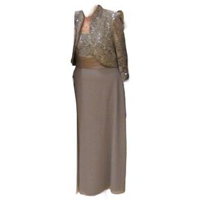 R&M Collection Formal Dress Sequin Lace Bolero Beige Gray